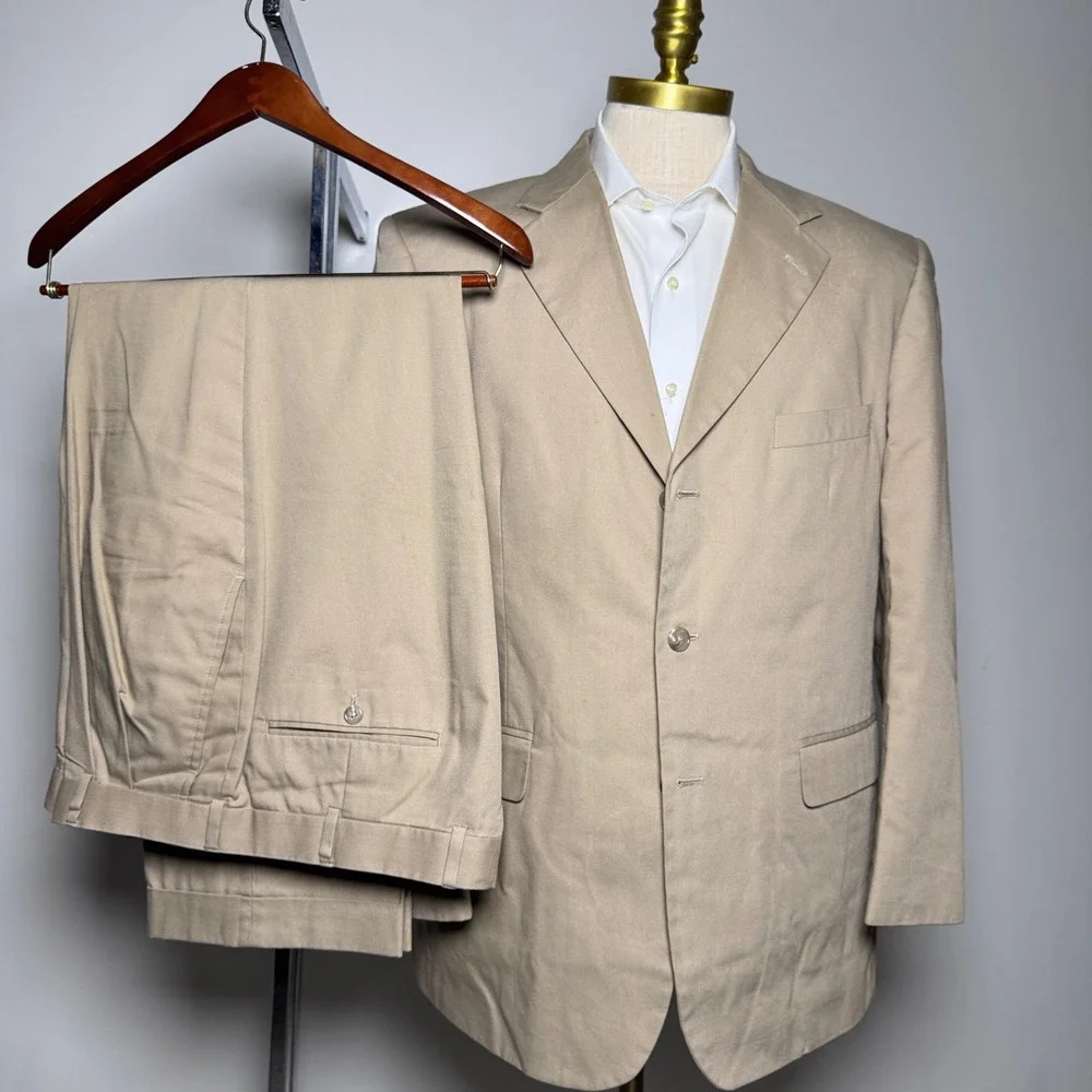 Brooks Brothers 346 Suit Mens 43R 34W Khaki Solid Stretch Cotton 3-Button Blazer